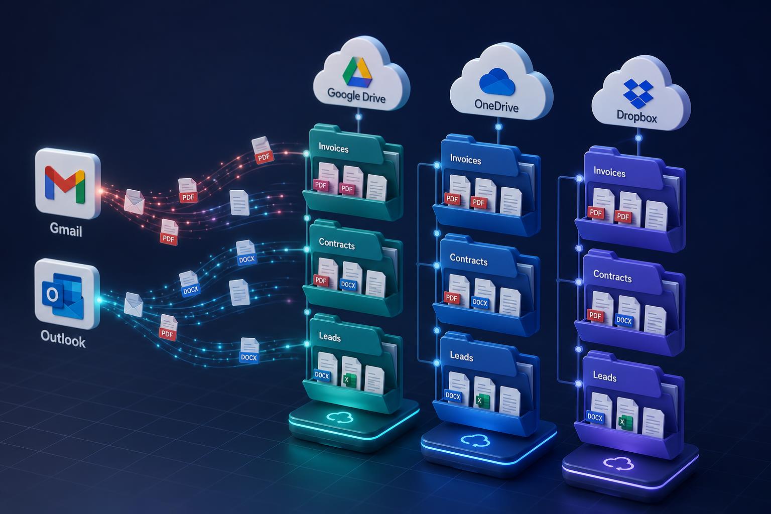 Files from Gmail and Outlook auto-routing into Invoices, Contracts, and Leads folders across Google Drive, OneDrive, and Dropbox.