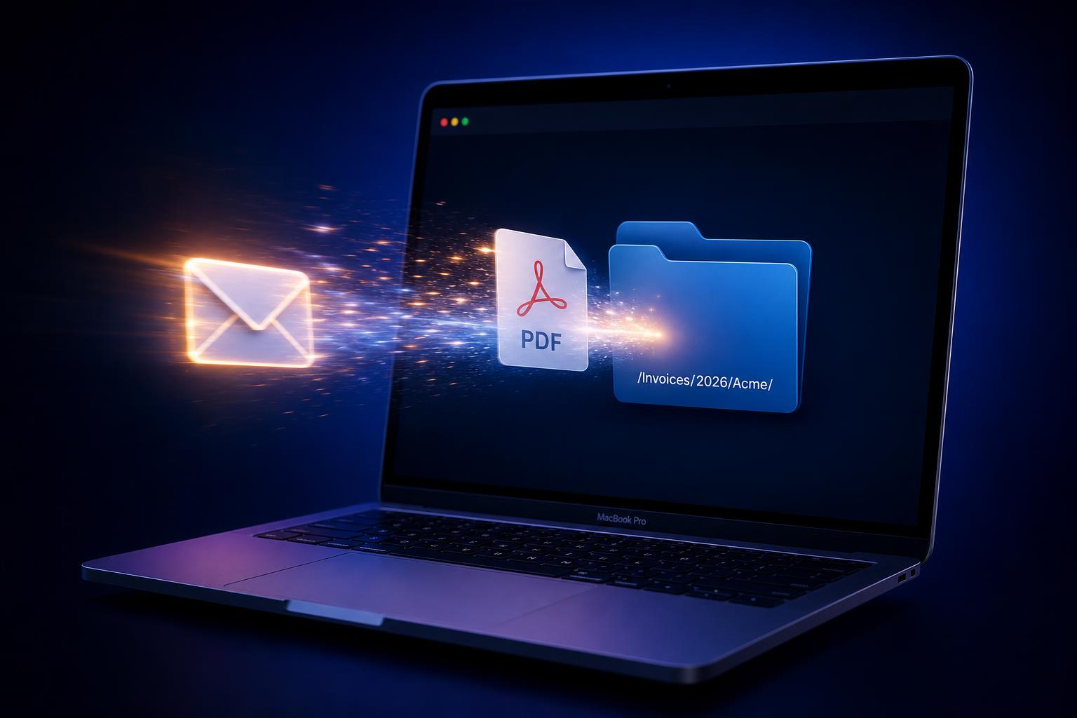 An email envelope dissolving into a PDF and sliding into a labeled /Invoices/2026/Acme/ folder on a MacBook screen.